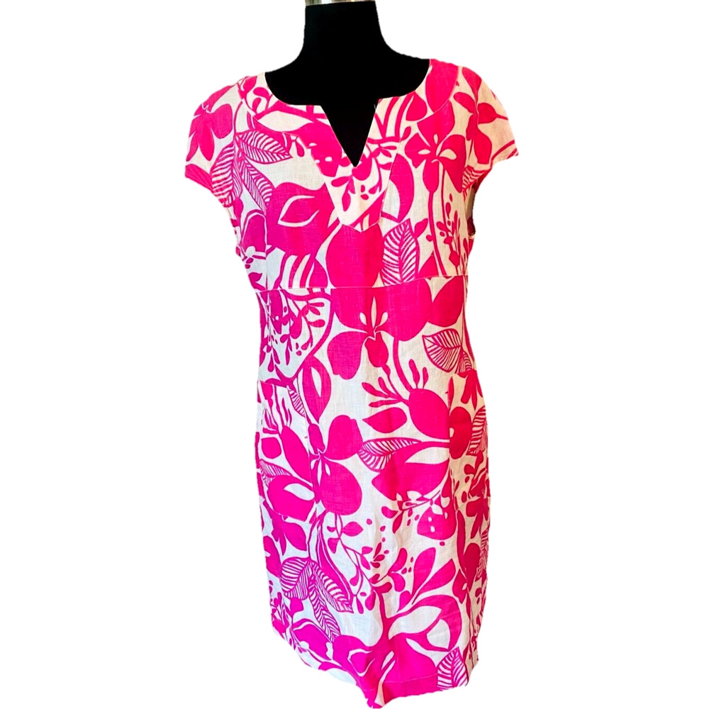 Boden Pink Floral V Neck Dress 100 Percent Linen Women's Size 8A